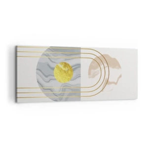 Obraz na płótnie - Abstrakcyjna kompozycja z okręgami i złotymi liniami na jasnym tle - 120x50cm - Jasność i blask - Nowoczesna dekoracja ścienna do salonu i sypialni ARTTOR