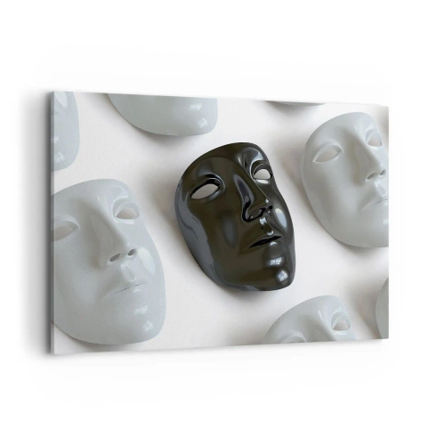 Obraz na płótnie - Czarne i białe maski na jasnym tle - 100x70cm - Jak się wyróżnić? - Nowoczesna dekoracja ścienna do salonu, kuchni i sypialni ARTTOR
