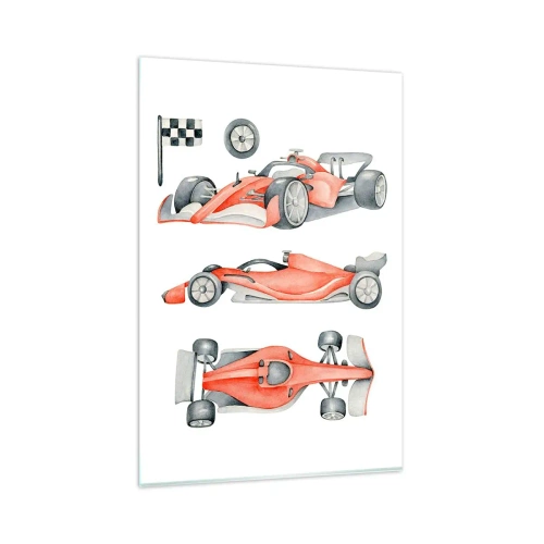 Obraz na szkle - Czerwony bolid wyścigowy z flagą w szachownicę - 80x120cm - Doścignąć marzenie - Nowoczesna dekoracja ścienna do salonu i sypialni ARTTOR
