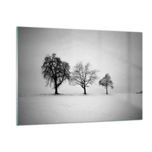 Obraz na szkle - Trzy samotne drzewa na ośnieżonej przestrzeni - 120x80cm - O czym śnią? - Nowoczesna dekoracja ścienna do salonu, kuchni i sypialni ARTTOR