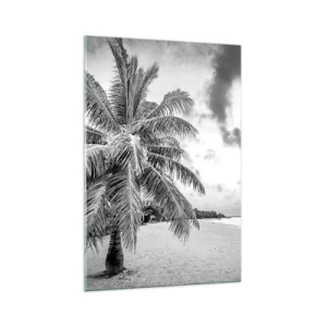 Obraz na szkle - Czarno-biała palma na pustej plaży z chmurami - 70x100cm - Gdy tęsknisz do samotności… - Nowoczesna dekoracja ścienna do salonu i sypialni ARTTOR