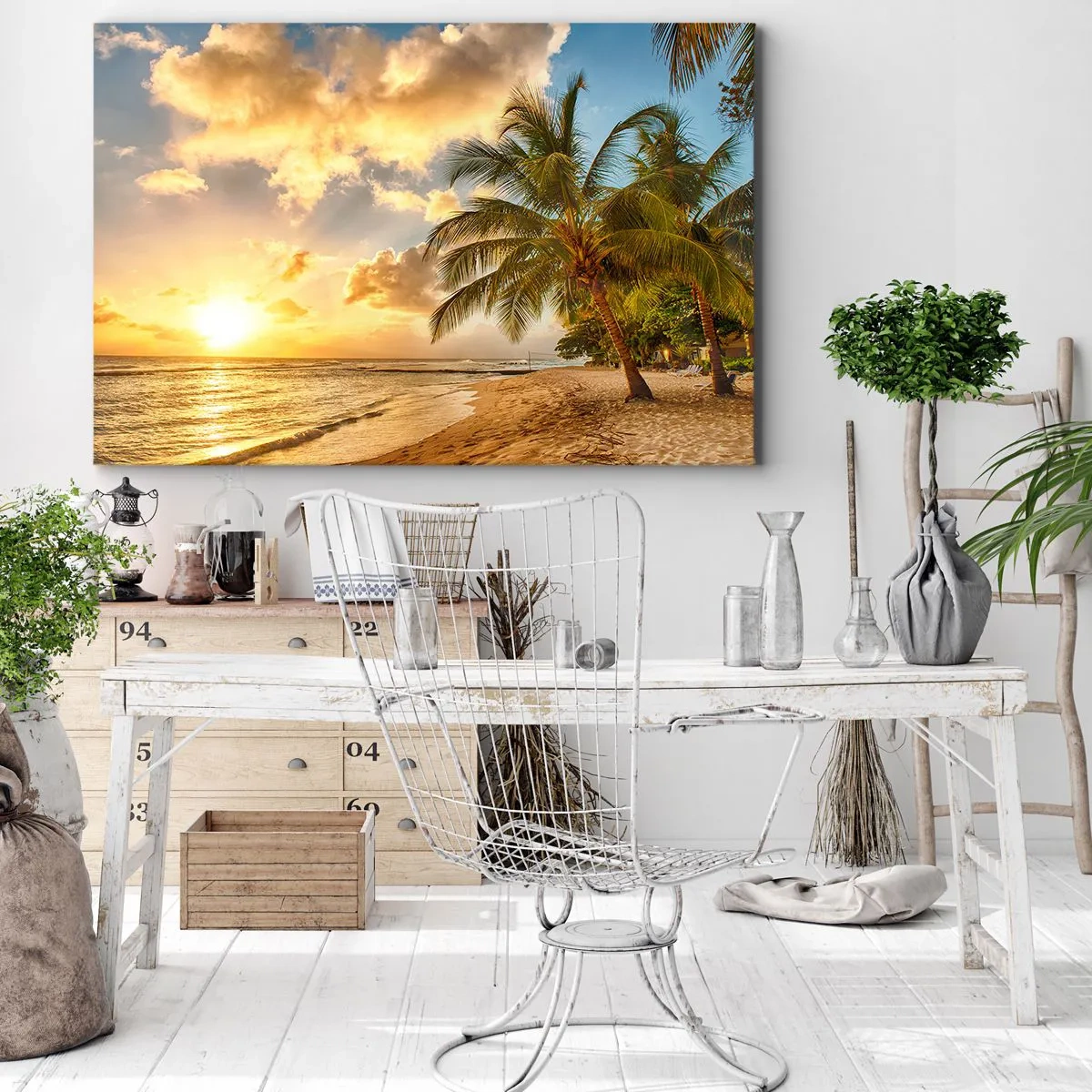 Obraz na płótnie - Plaża z palmami i zachodem słońca nad oceanem - 100x70cm - Wieczne lato, zawsze wakacje - Nowoczesna dekoracja ścienna do salonu, kuchni i sypialni ARTTOR
