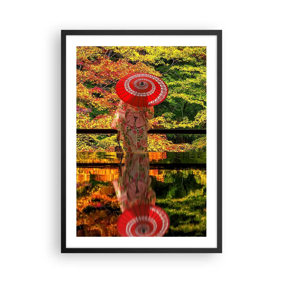 Plakat w czarnej ramie - Kobieta w kimonie z czerwonym parasolem na tle jesiennych liści - 50x70cm - W świątyni natury - Nowoczesna dekoracja ścienna do salonu i sypialni ARTTOR