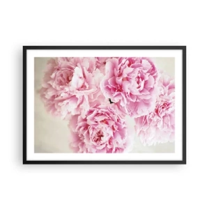 Plakat w czarnej ramie - Bukiet różowych piwonii na jasnym tle - 70x50cm - W różowym przepychu - Nowoczesna dekoracja ścienna do salonu i sypialni ARTTOR