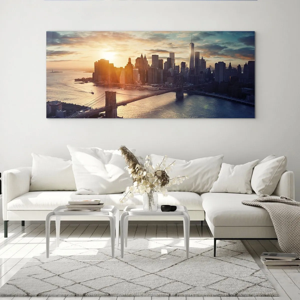 Obraz na szkle - Panorama miasta z mostem i rzeką w świetle zachodzącego słońca - 140x50cm - Pomnik kultury Zachodu - Nowoczesna dekoracja ścienna do salonu i sypialni ARTTOR