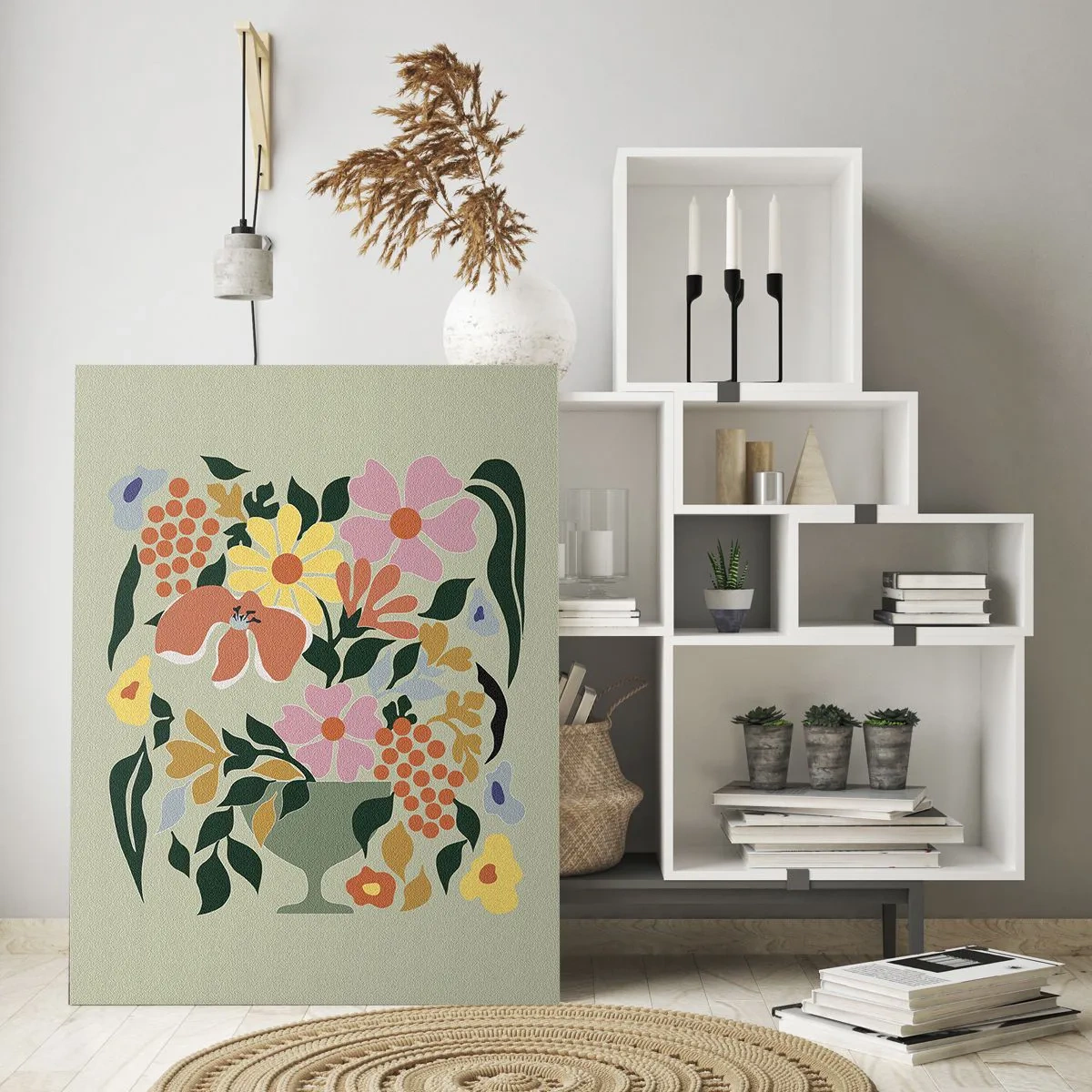 Obraz na szkle - Kolorowa kompozycja kwiatowa w wazonie na zielonym tle - 80x120cm - Bukiet kipiący życiem - Nowoczesna dekoracja ścienna do salonu i sypialni ARTTOR