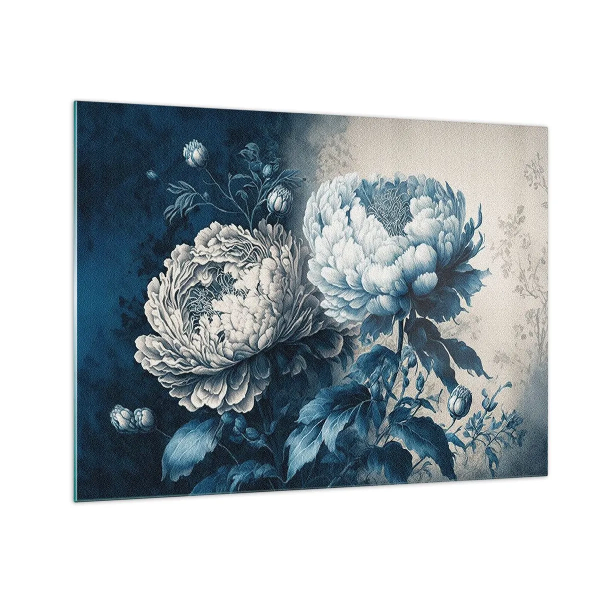 Obraz na szkle - Dwukolorowe piwonie w odcieniach błękitu i beżu na tle vintage - 70x50cm - Dobrana para - Nowoczesna dekoracja ścienna do salonu i sypialni ARTTOR