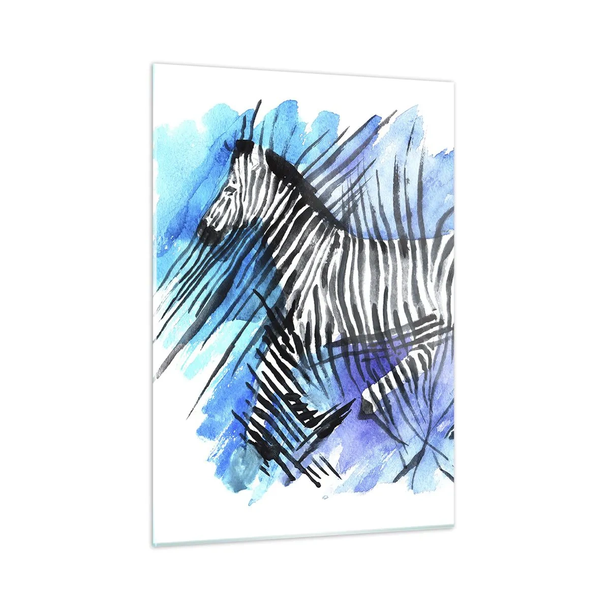Obraz na szkle - Zebra w artystycznej akwarelowej kompozycji na tle błękitu - 50x70cm - Ukryta w paskach - Nowoczesna dekoracja ścienna do salonu, kuchni i sypialni ARTTOR