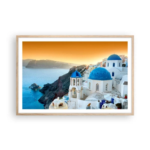 Plakat w ramie jasny dąb - Santorini - przytulone do skał - 91x61 cm