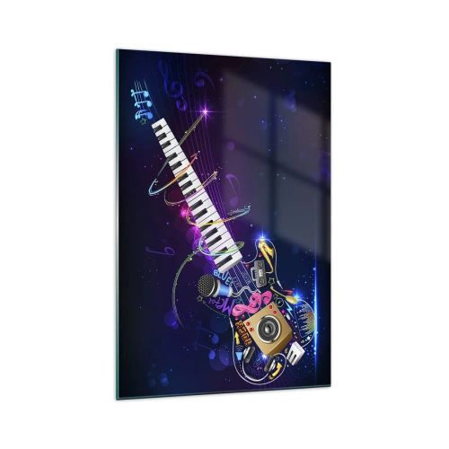 Obraz na szkle - Kolorowa gitara z klawiaturą i mikrofonem na ciemnym tle - 70x100cm - I wszystko gra - Nowoczesna dekoracja ścienna do salonu i sypialni ARTTOR