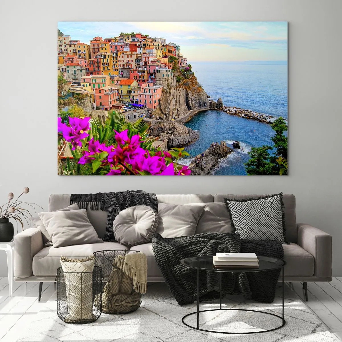 Obraz na szkle - Kolorowe domy na klifie z widokiem na morze - 100x70cm - Śmiejące się miasto - Nowoczesna dekoracja ścienna do salonu, kuchni i sypialni ARTTOR