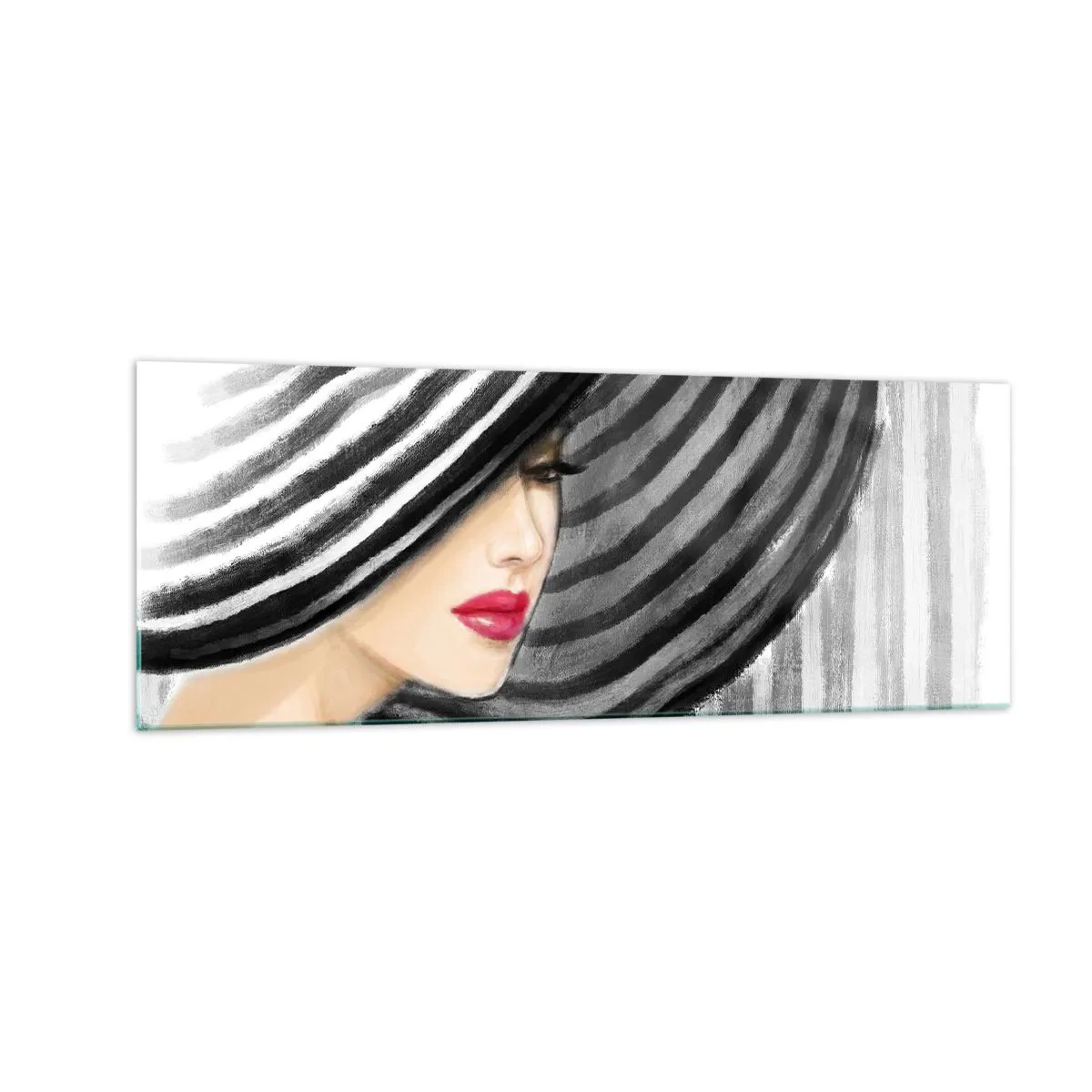 Obraz na szkle - Kobieta w kapeluszu w czarno-białym stylu z czerwonym akcentem - 140x50cm - Gdzie ciebie szukać? - Nowoczesna dekoracja ścienna do salonu i sypialni ARTTOR