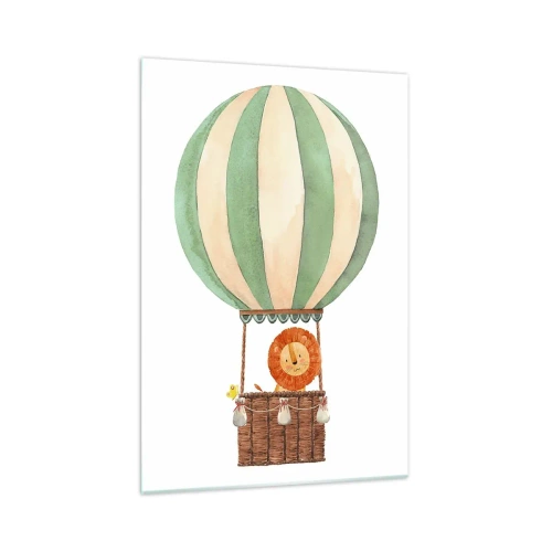 Obraz na szkle - Balon z uśmiechniętym lwem w koszu w pastelowych barwach - 70x100cm - Podróże Leona - Nowoczesna dekoracja ścienna do salonu i sypialni ARTTOR