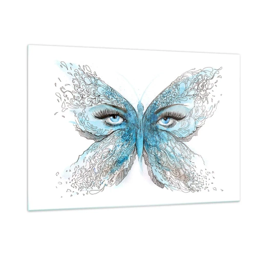 Obraz na szkle - Motyl z błękitnymi skrzydłami i ludzkimi oczami w artystycznym stylu - 120x80cm - Modraszek eros - Nowoczesna dekoracja ścienna do salonu, kuchni i sypialni ARTTOR