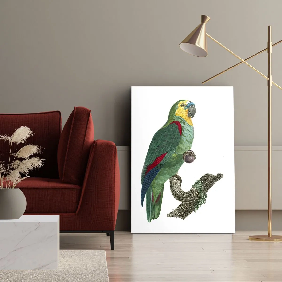 Obraz na płótnie - Kolorowa ilustracja papugi siedzącej na gałęzi na jasnym tle - 80x120cm - Papuzi portret - Nowoczesna dekoracja ścienna do salonu i sypialni ARTTOR