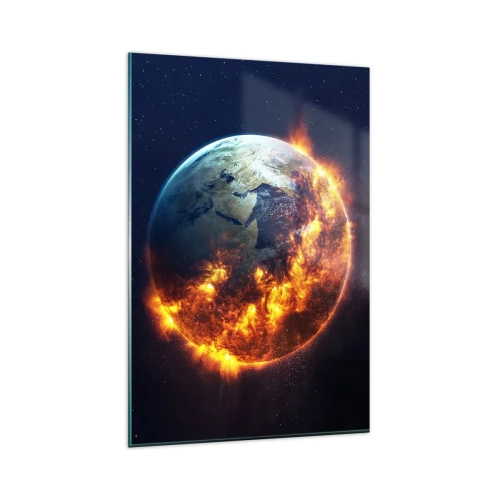 Obraz na szkle - Planeta Ziemia w ogniu w przestrzeni kosmicznej - 80x120cm - Płomień apokalipsy - Nowoczesna dekoracja ścienna do salonu i sypialni ARTTOR
