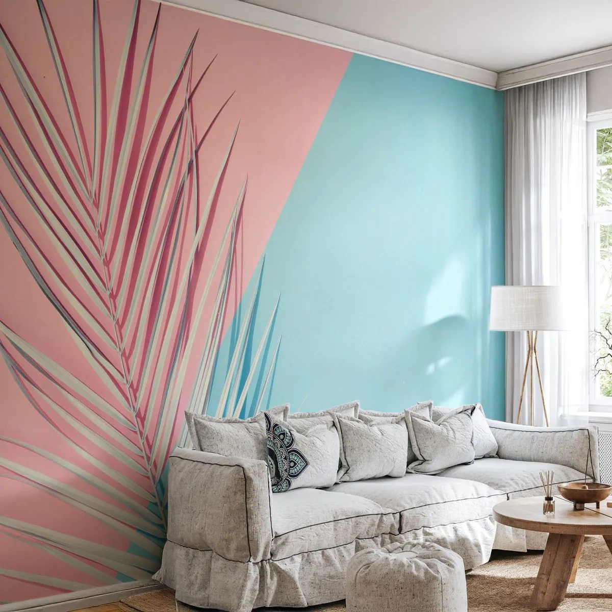 Fototapeta Premium Sand - Liść palmy na tle pastelowego różu i błękitu - 100x70cm - Tropikalna impresja - Nowoczesna dekoracja ścienna do salonu, kuchni i sypialni ARTTOR