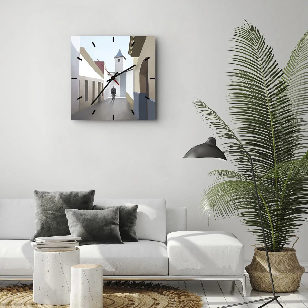 Zegar ścienny - Minimalistyczna uliczka z sylwetką mężczyzny w tle - 30x30cm - Słoneczny spacer - Nowoczesna dekoracja ścienna do salonu i sypialni ARTTOR