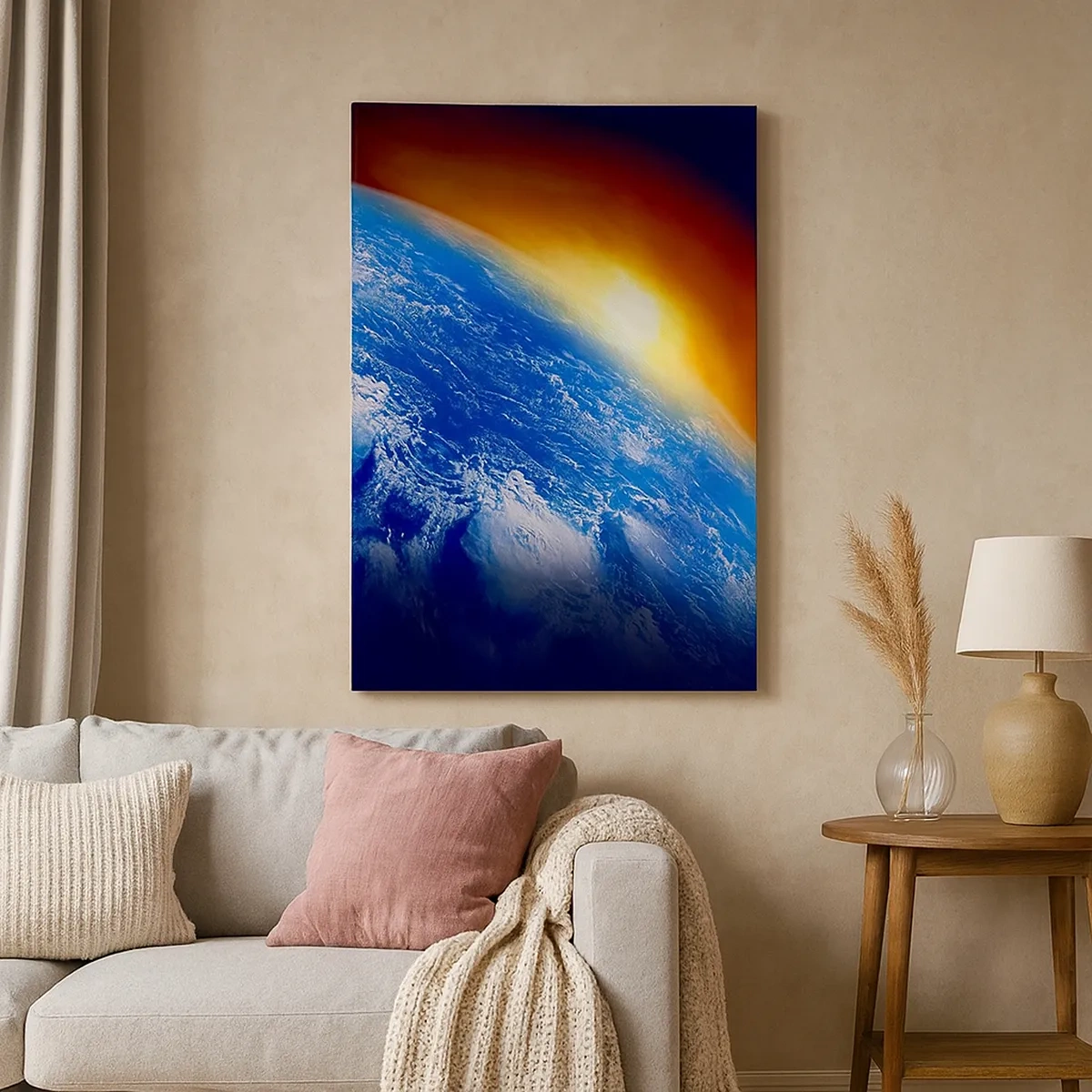 Obraz na płótnie - Ziemia widziana z kosmosu w świetle wschodu - 50x70cm - Wschód słońca nad błękitną planetą - Nowoczesna dekoracja ścienna do salonu, kuchni i sypialni ARTTOR