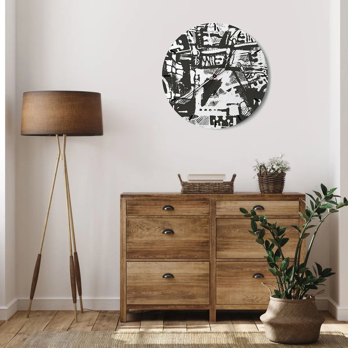 Zegar ścienny - Czarno-biały abstrakcyjny wzór z geometrycznymi formami - 30x30cm - Porządek czy chaos? - Nowoczesna dekoracja ścienna do salonu, kuchni i sypialni ARTTOR