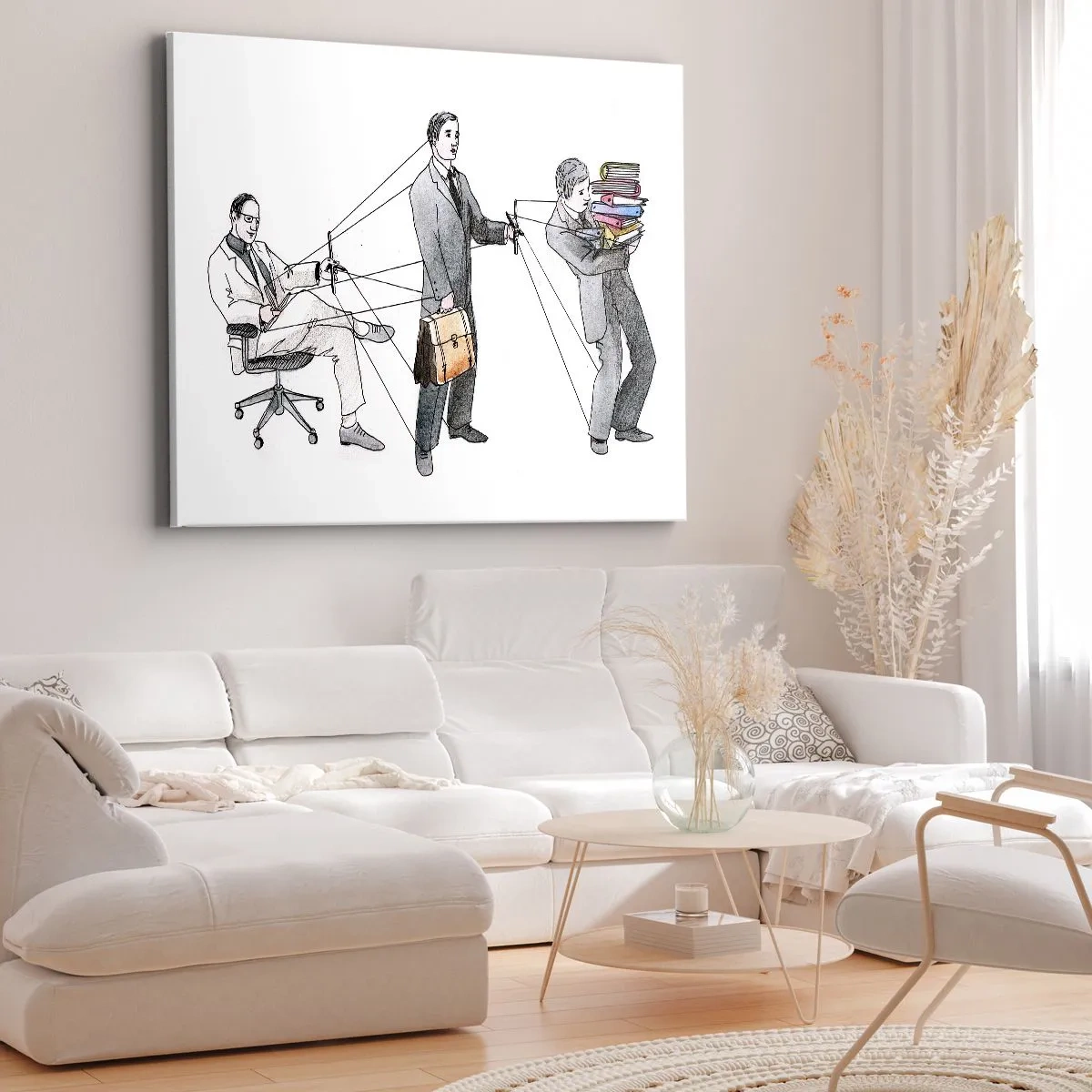 Obraz na płótnie - Ilustracja ukazująca ludzi sterowanych jak marionetki - 70x50cm - Każdy swego pana ma - Nowoczesna dekoracja ścienna do salonu i sypialni ARTTOR