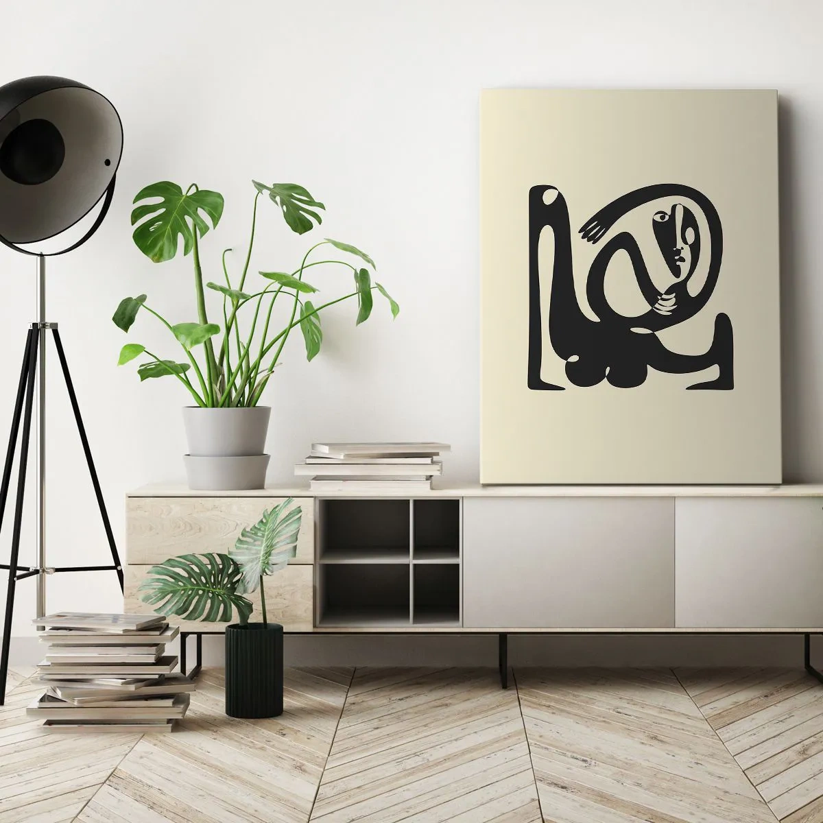 Obraz na płótnie - Abstrakcyjna postać w czerni na beżowym tle - 70x100cm - Prawie Picasso - Nowoczesna dekoracja ścienna do salonu i sypialni ARTTOR