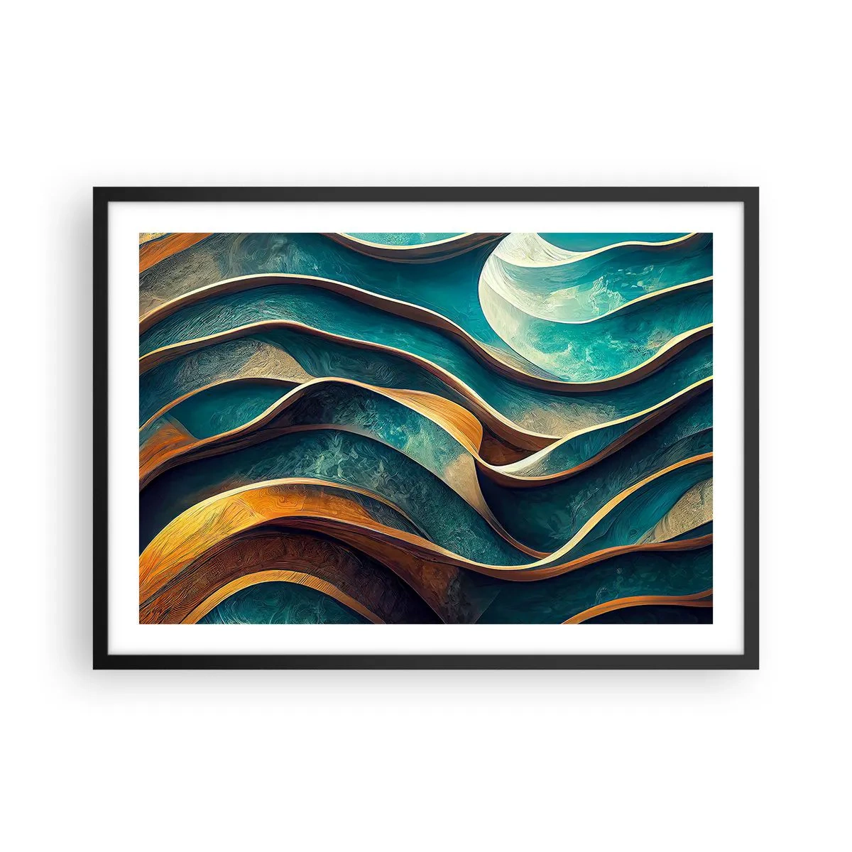 Plakat w czarnej ramie - Abstrakcyjne fale w odcieniach turkusu i złota - 70x50cm - Meandry błękitu - Nowoczesna dekoracja ścienna do salonu i sypialni ARTTOR