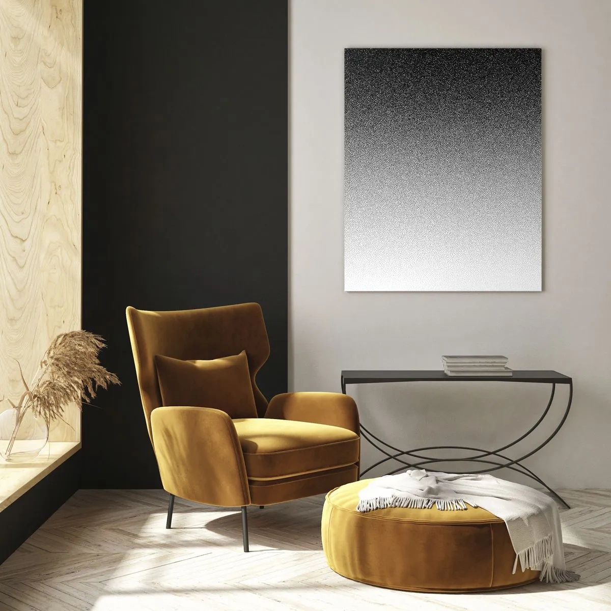 Obraz na szkle - Czarno-biały gradient z efektem ziarnistości i światła - 50x70cm - W stronę światła - Nowoczesna dekoracja ścienna do salonu, kuchni i sypialni ARTTOR