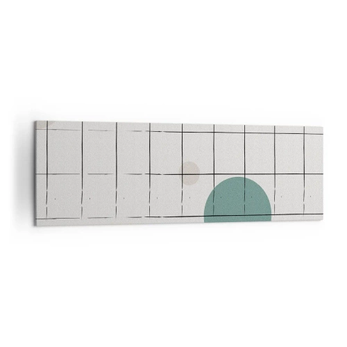 Obraz na płótnie - Abstrakcyjne okręgi w kolorach na tle geometrycznej siatki - 160x50cm - Uwięzione. My czy one? - Nowoczesna dekoracja ścienna do salonu i sypialni ARTTOR