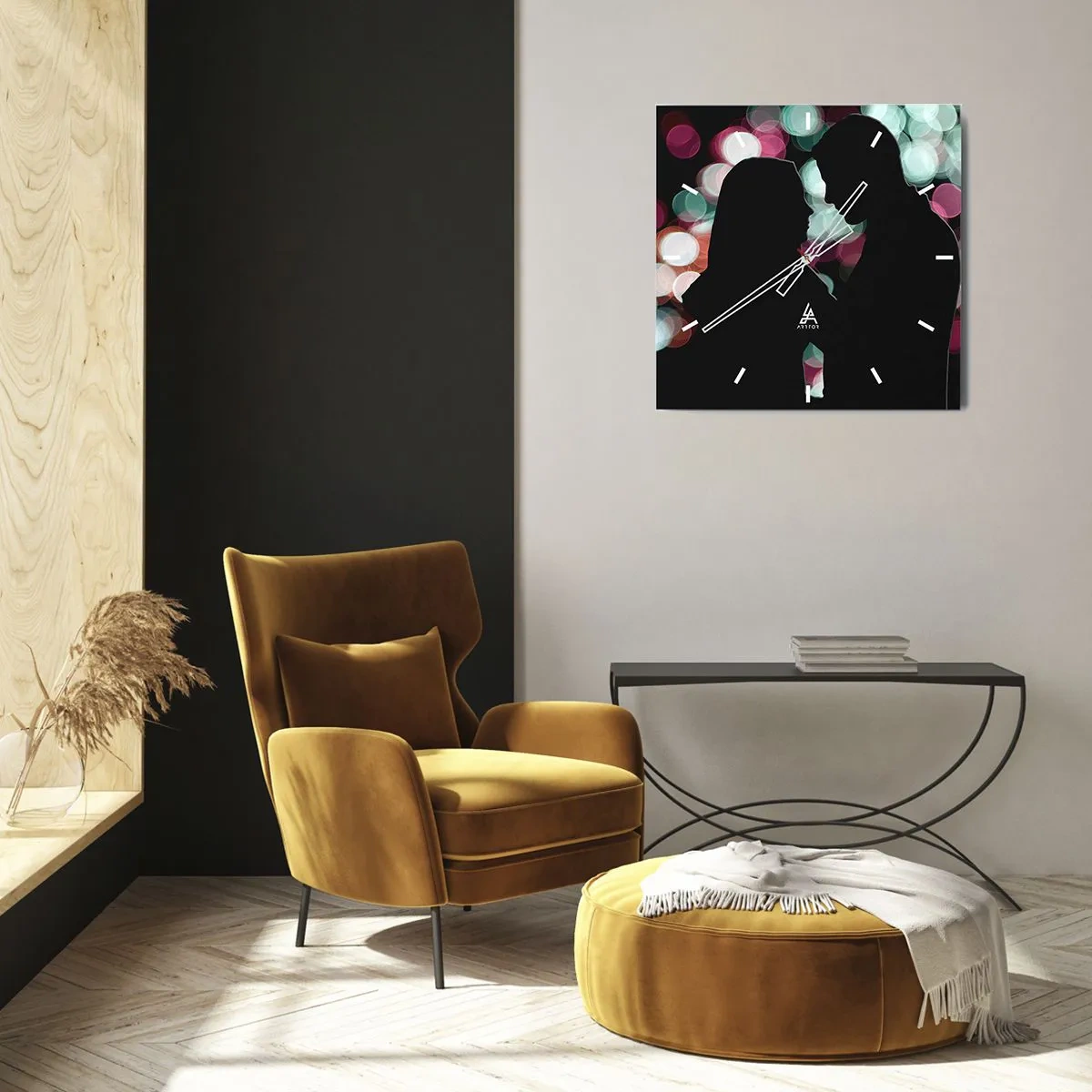 Zegar ścienny - Sylwetki pary na tle kolorowych świateł bokeh - 30x30cm - Tak! - Nowoczesna dekoracja ścienna do salonu i sypialni ARTTOR