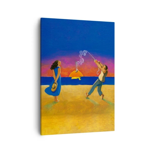 Obraz na płótnie - Artystyczna scena z parą na plaży podczas zachodu słońca - 50x70cm - Więcej niż gwiazdka z nieba - Nowoczesna dekoracja ścienna do salonu, kuchni i sypialni ARTTOR
