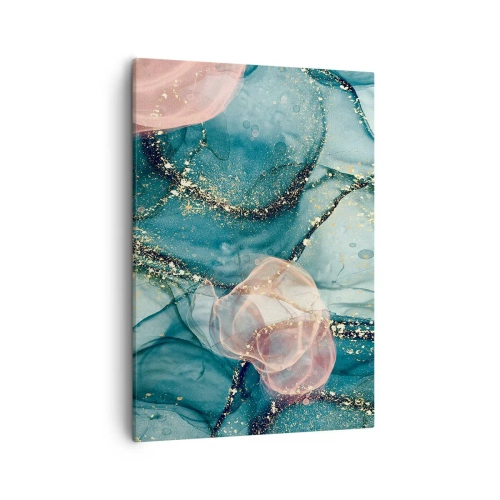 Obraz na płótnie - Abstrakcyjna kompozycja w odcieniach błękitu i różu z złotymi akcentami - 50x70cm - Jedwabny błękit, tiulowy róż - Nowoczesna dekoracja ścienna do salonu, kuchni i sypialni ARTTOR