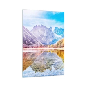 Obraz na szkle - Jesienny krajobraz górski z jeziorem - 70x100cm - A w górach już jesień - Nowoczesna dekoracja ścienna do salonu i sypialni ARTTOR