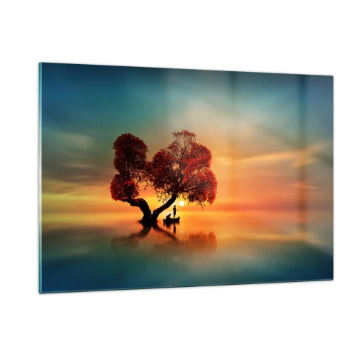 Obraz na szkle - Drzewo z czerwonymi liśćmi na tle zachodu słońca - 120x80cm - Oddaleńcy i ciszyzna bezświata - Nowoczesna dekoracja ścienna do salonu, kuchni i sypialni ARTTOR