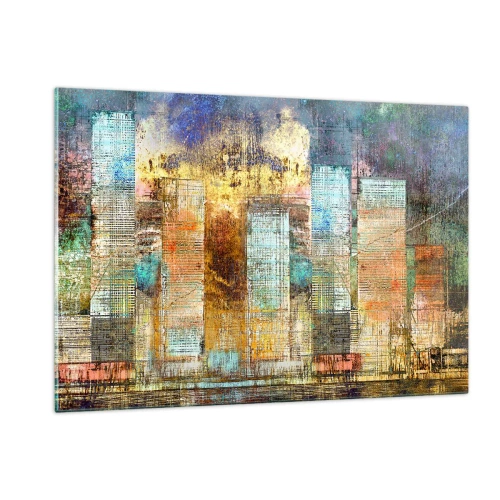 Obraz na szkle - Kolorowa abstrakcyjna panorama miejskich wieżowców w stylu artystycznym - 120x80cm - Słoneczna metropolia - Nowoczesna dekoracja ścienna do salonu, kuchni i sypialni ARTTOR