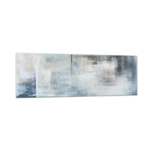 Obraz na szkle - Abstrakcyjna kompozycja w odcieniach błękitu i szarości - 160x50cm - Za zasłoną błękitu - Nowoczesna dekoracja ścienna do salonu i sypialni ARTTOR