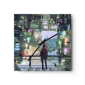 Zegar ścienny - Postać w futurystycznym mieście z neonowymi światłami - 30x30cm - Dwa światy - Nowoczesna dekoracja ścienna do salonu i sypialni ARTTOR