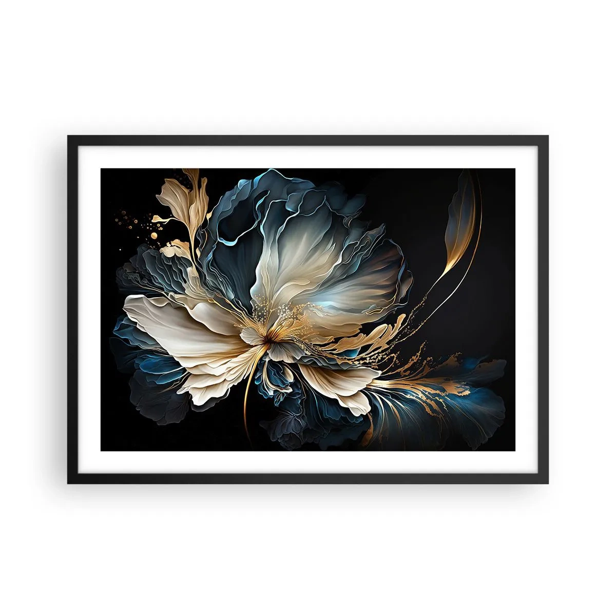 Plakat w czarnej ramie - Kwiat w odcieniach złota i granatu na czarnym tle - 70x50cm - Baśniowy kwiat paproci - Nowoczesna dekoracja ścienna do salonu i sypialni ARTTOR
