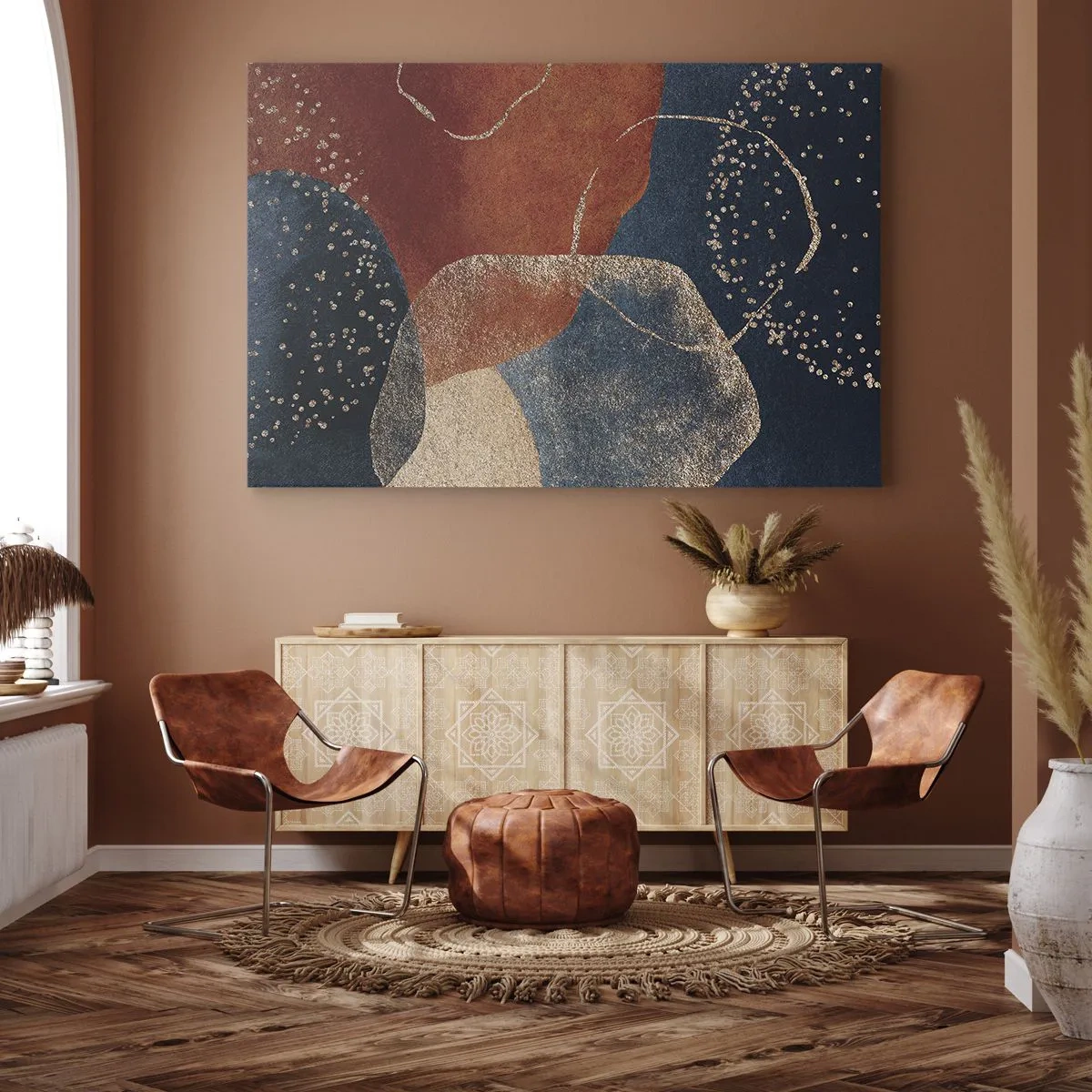 Obraz na płótnie - Abstrakcyjne kształty w odcieniach czerwieni i błękitu - 70x50cm - Lekkość bytu - Nowoczesna dekoracja ścienna do salonu i sypialni ARTTOR