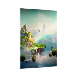 Obraz na szkle - Latające wyspy wśród chmur z tęczą na horyzoncie - 70x100cm - Śródniebie - wyspy szczęśliwe - Nowoczesna dekoracja ścienna do salonu i sypialni ARTTOR