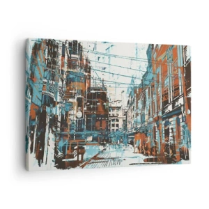 Obraz na płótnie - Miejski pejzaż w odcieniach niebieskiego i pomarańczu - 70x50cm - Przetarty miejski szlak - Nowoczesna dekoracja ścienna do salonu i sypialni ARTTOR