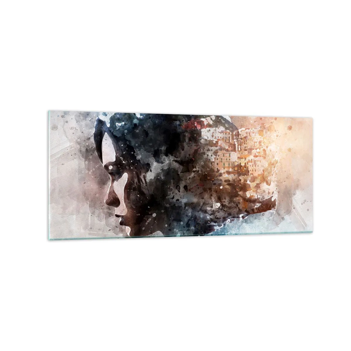 Obraz na szkle - Portret kobiety łączący twarz z miejskim krajobrazem w tle - 120x50cm - Opowieść o dziewczynie z miastem w tle - Nowoczesna dekoracja ścienna do salonu i sypialni ARTTOR