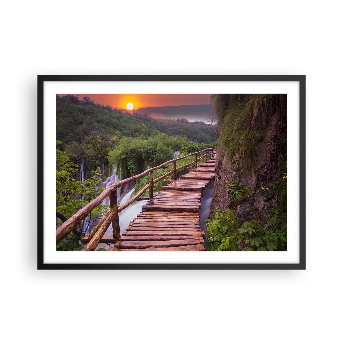 Plakat w czarnej ramie - Mostek z widokiem na wodospady o zachodzie słońca - 70x50cm - Piękno nie do uwierzenia - Nowoczesna dekoracja ścienna do salonu i sypialni ARTTOR