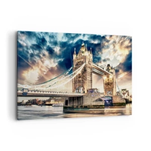 Obraz na płótnie - Tower Bridge o zmierzchu na tle dynamicznego nieba - 120x80cm - Pomnik wiktoriańskiego imperium - Nowoczesna dekoracja ścienna do salonu, kuchni i sypialni ARTTOR