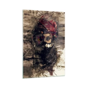 Obraz na szkle - Artystyczny portret kobiety w orientalnym stroju na abstrakcyjnym tle - 70x100cm - Co najmniej niepokojąca - Nowoczesna dekoracja ścienna do salonu i sypialni ARTTOR