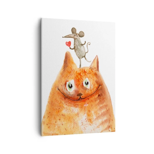 Obraz na płótnie - Rudy kot z szerokim uśmiechem i mysz trzymająca serce - 50x70cm - Paradoksy miłości - Nowoczesna dekoracja ścienna do salonu, kuchni i sypialni ARTTOR