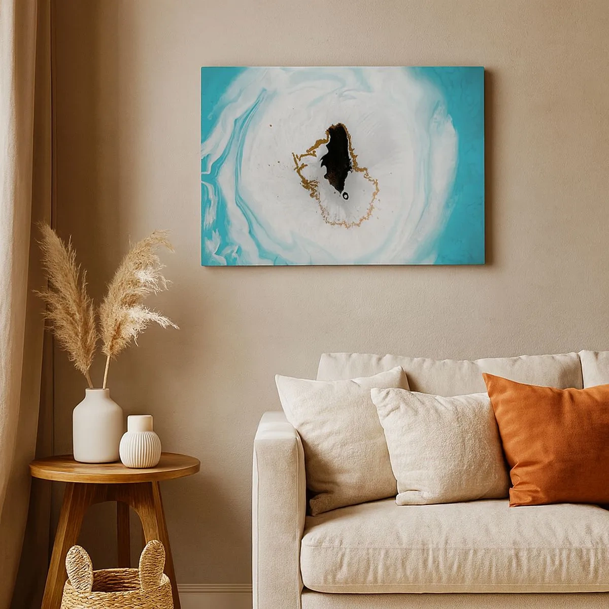 Obraz na płótnie - Abstrakcyjny motyw geody w odcieniach turkusu, bieli i złota - 70x50cm - Wniknąć do wnętrza - Nowoczesna dekoracja ścienna do salonu i sypialni ARTTOR