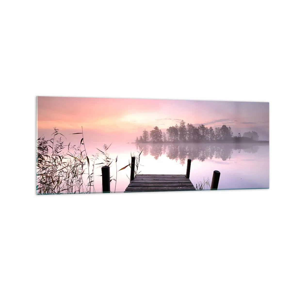 Obraz na szkle - Pomost nad jeziorem o świcie z mgłą i pastelowym niebem - 140x50cm - Z liliowej mgły... - Nowoczesna dekoracja ścienna do salonu i sypialni ARTTOR