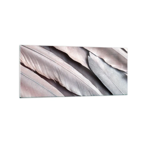 Obraz na szkle - Delikatne pióra w subtelnych odcieniach szarości i beżu - 120x50cm - W różowej srebrzystości - Nowoczesna dekoracja ścienna do salonu i sypialni ARTTOR