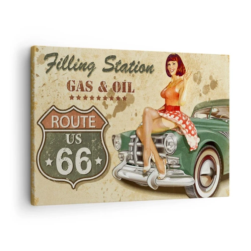Obraz na płótnie - Plakat retro Route 66 z pin-up dziewczyną i samochodem - 70x50cm - Wspaniałe lata 40. - Nowoczesna dekoracja ścienna do salonu i sypialni ARTTOR